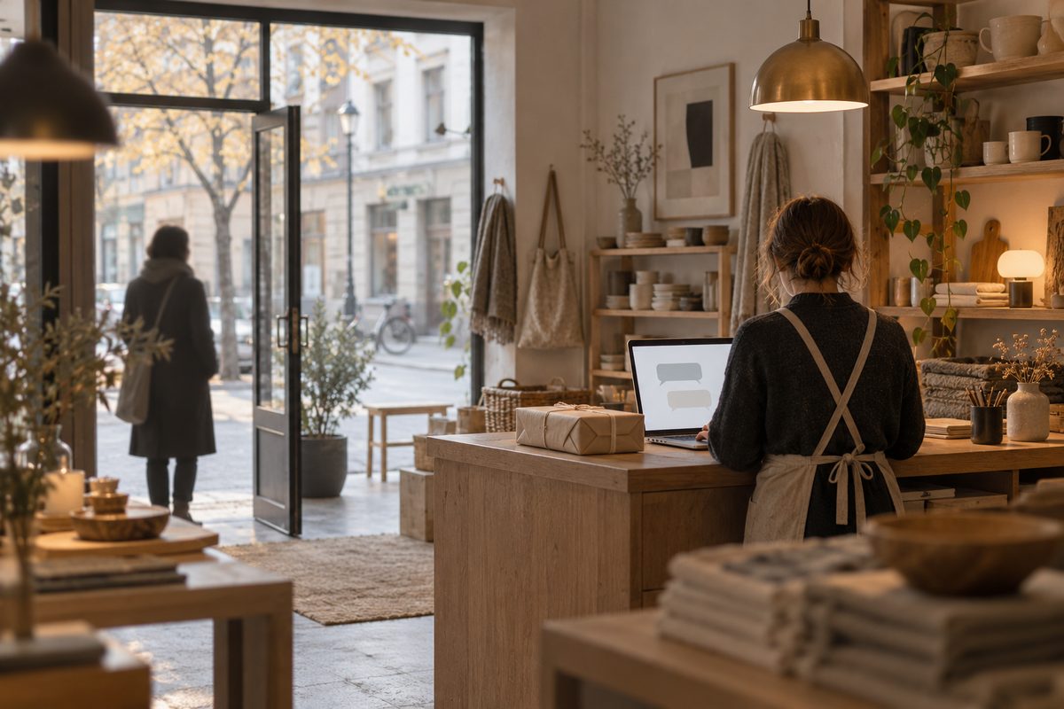 En butikkansatt sett bakfra bruker en bærbar med to tomme chatbobler mens en kunde står i døren.