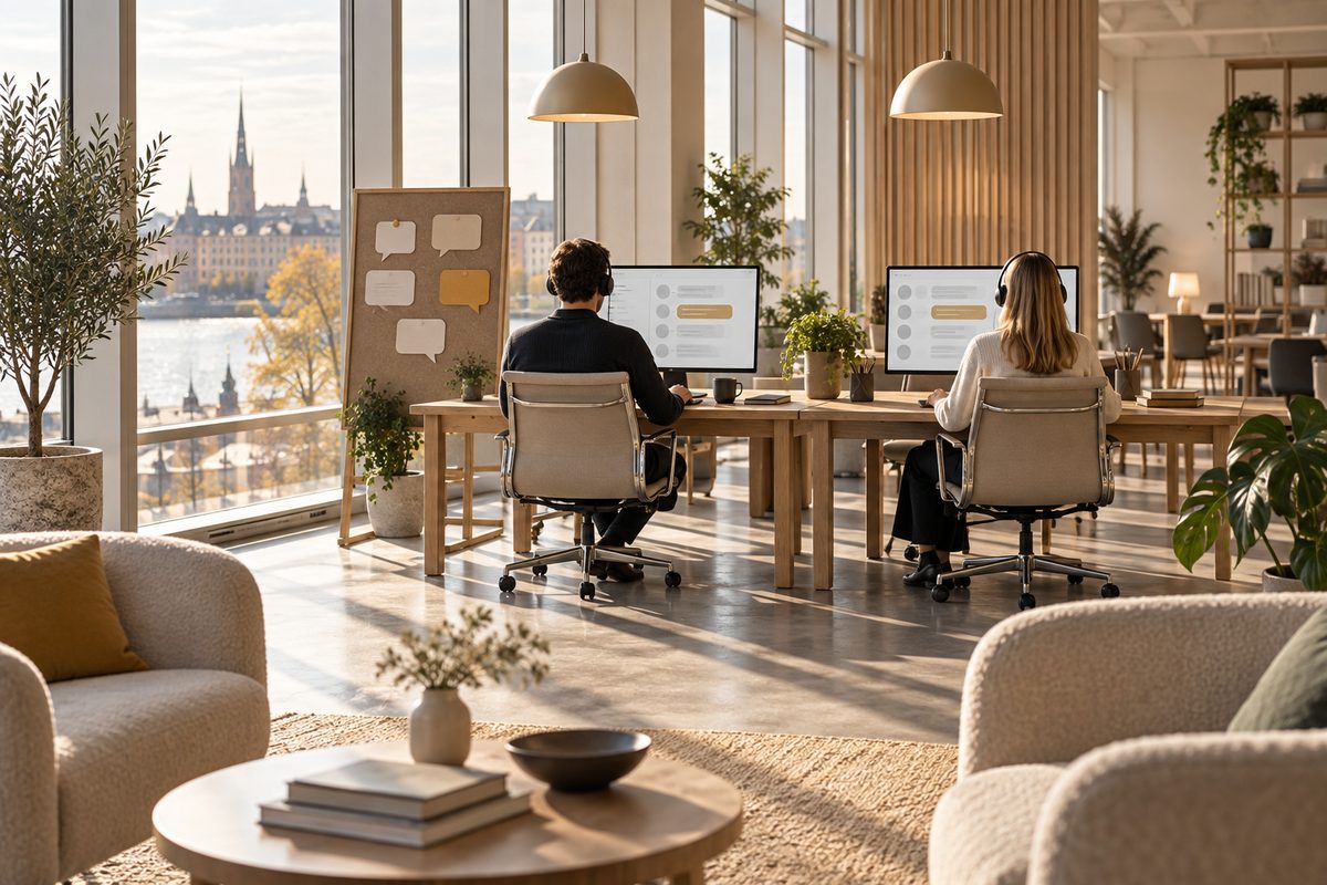 To personer med hodetelefoner sitter vendt mot skjermer med meldingsbobler i et lyst kontorfellesskap med store vinduer.