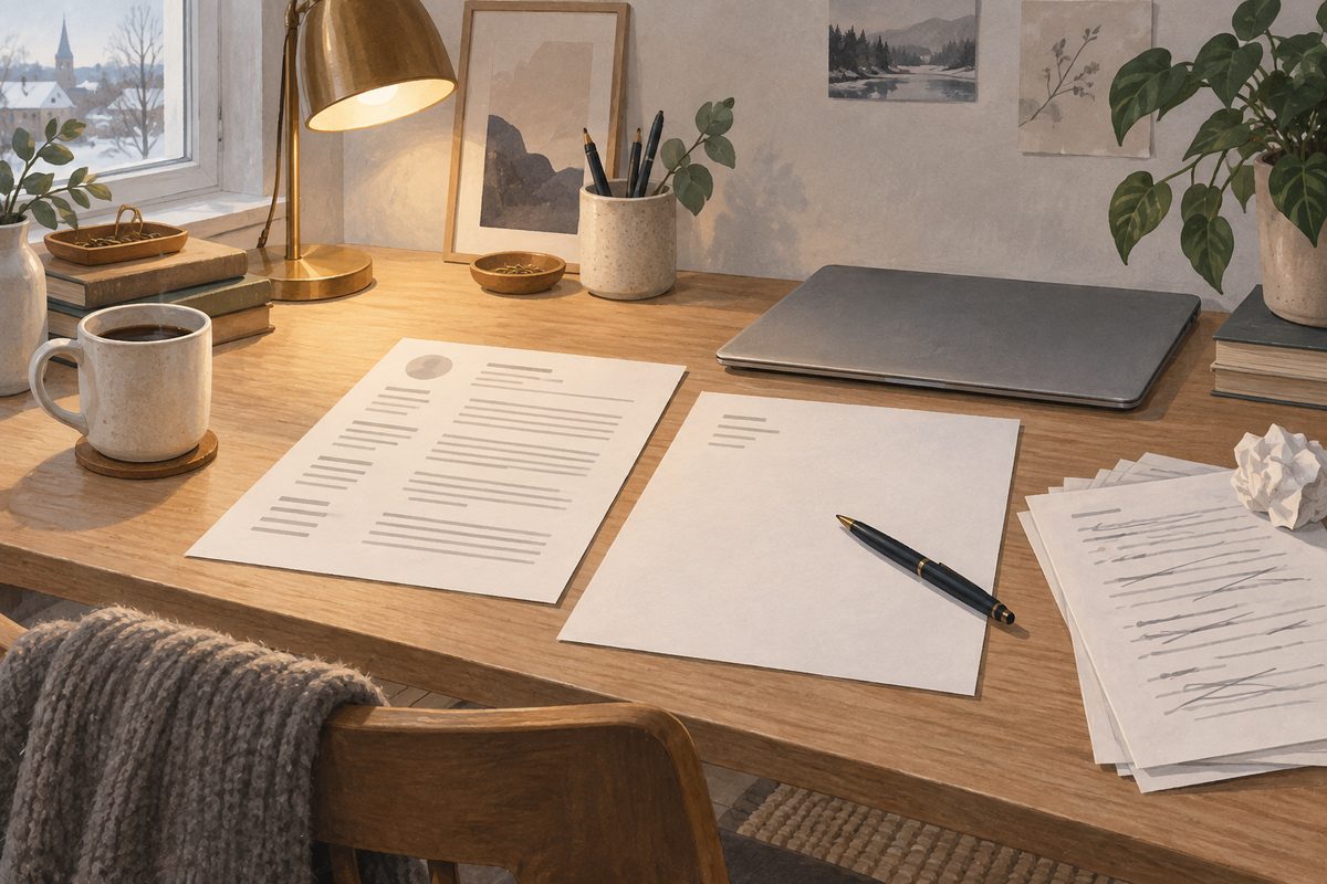 En CV og søknad ligger på et lyst skrivebord med penn, laptop og kaffekopp ved et vindu mot et snødekt nordisk landskap.