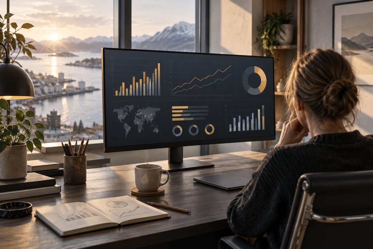 En person med ryggen til ser på et mørkt KPI-dashboard med grafer ved et vindu mot fjord og fjell.