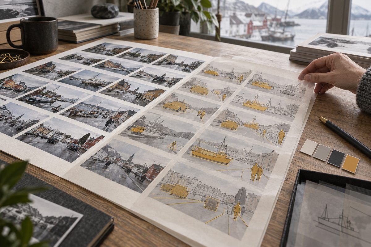 Et kontaktark med havne- og gatebilder ligger ved siden av de samme motivene med gylne annoteringer på transparent ark.