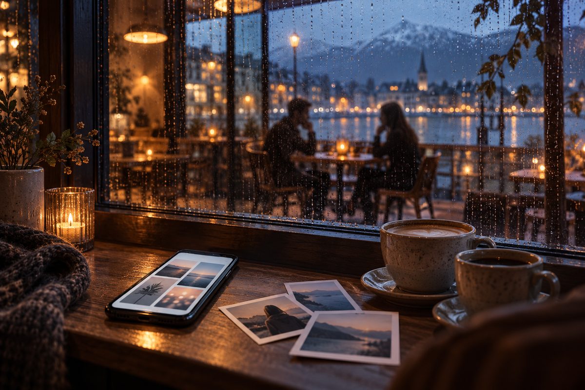 To silhuetter møtes på kafé bak et regnvått vindu, med mobil, fotoutskrifter og kaffekopper i forgrunnen.