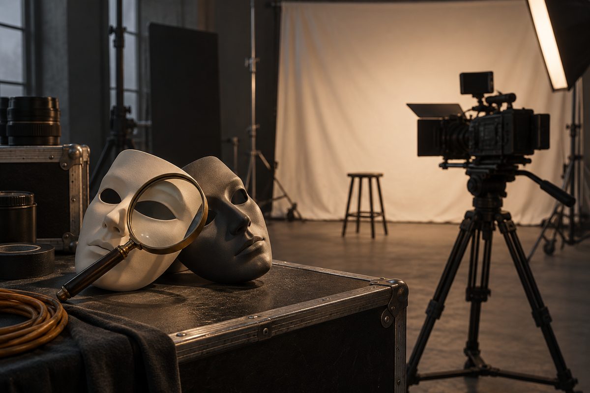 To teatermasker og et forstørrelsesglass ligger på en utstyrskasse foran et filmkamera og en tom krakk i et opptaksstudio.