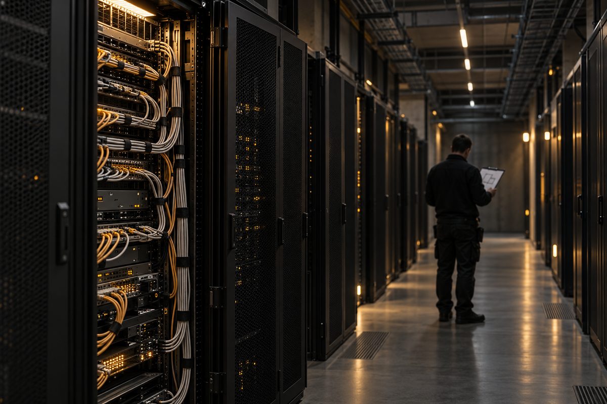 En tekniker med ryggen til inspiserer en serverrack med ordnede kabler i en mørk datasenterkorridor.