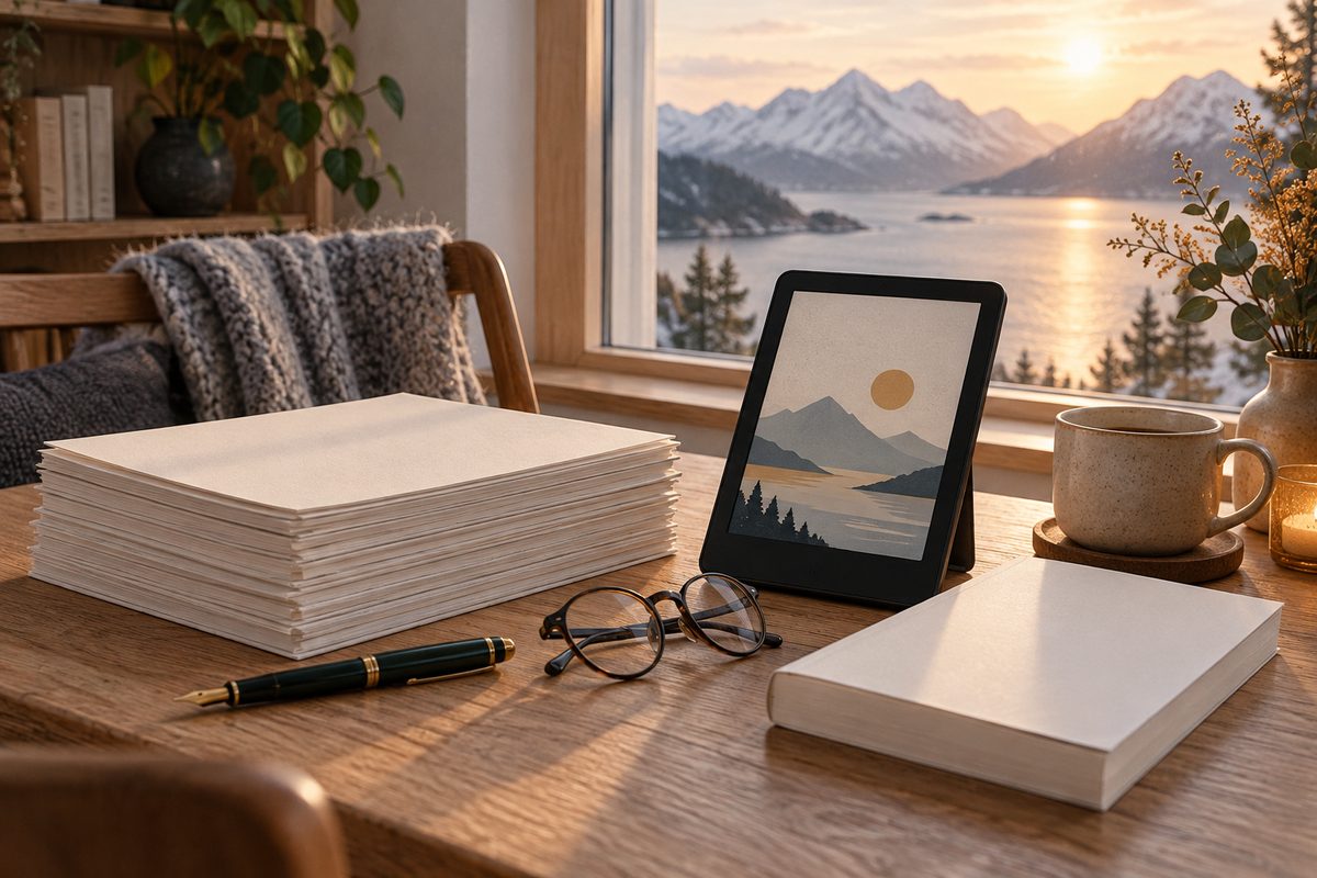 En bunke blanke manuskriptsider og en e-leser med fjellmotiv ligger på et skrivebord ved vinduet, sammen med penn og briller.