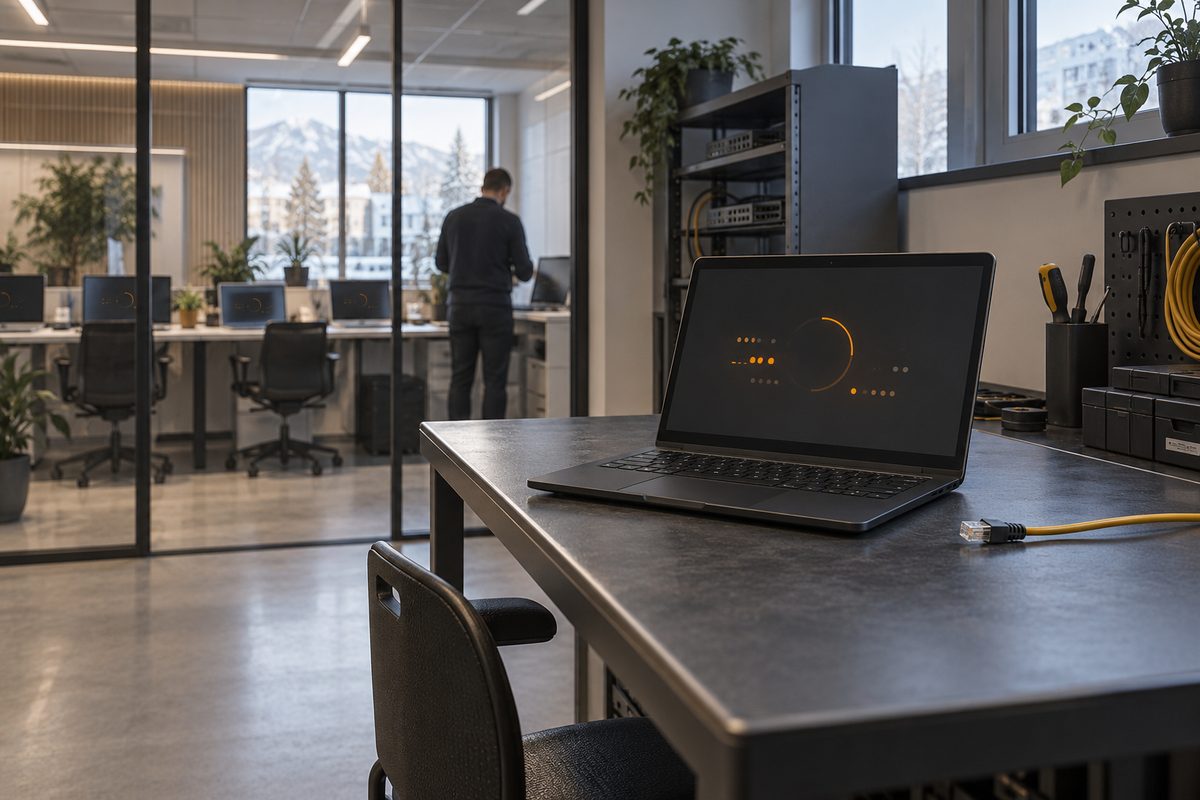 En laptop står isolert på en servicebenk med nettverkskabelen koblet fra, mens en IT-medarbeider undersøker en annen maskin bak glassveggen.