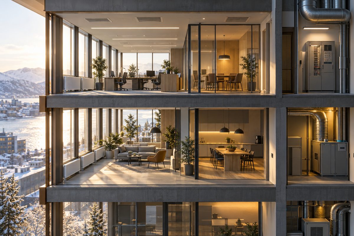 Skrålys gjennom et nordisk kontorbygg viser varme, ventilasjon og opplyste arbeidsrom i flere etasjer.