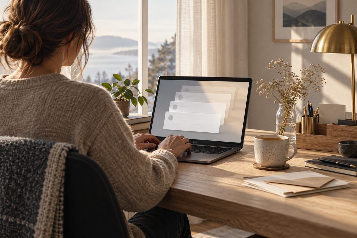 En person ved et lyst hjemmekontor arbeider ved en bærbar PC med tomme meldingsfelt på skjermen.