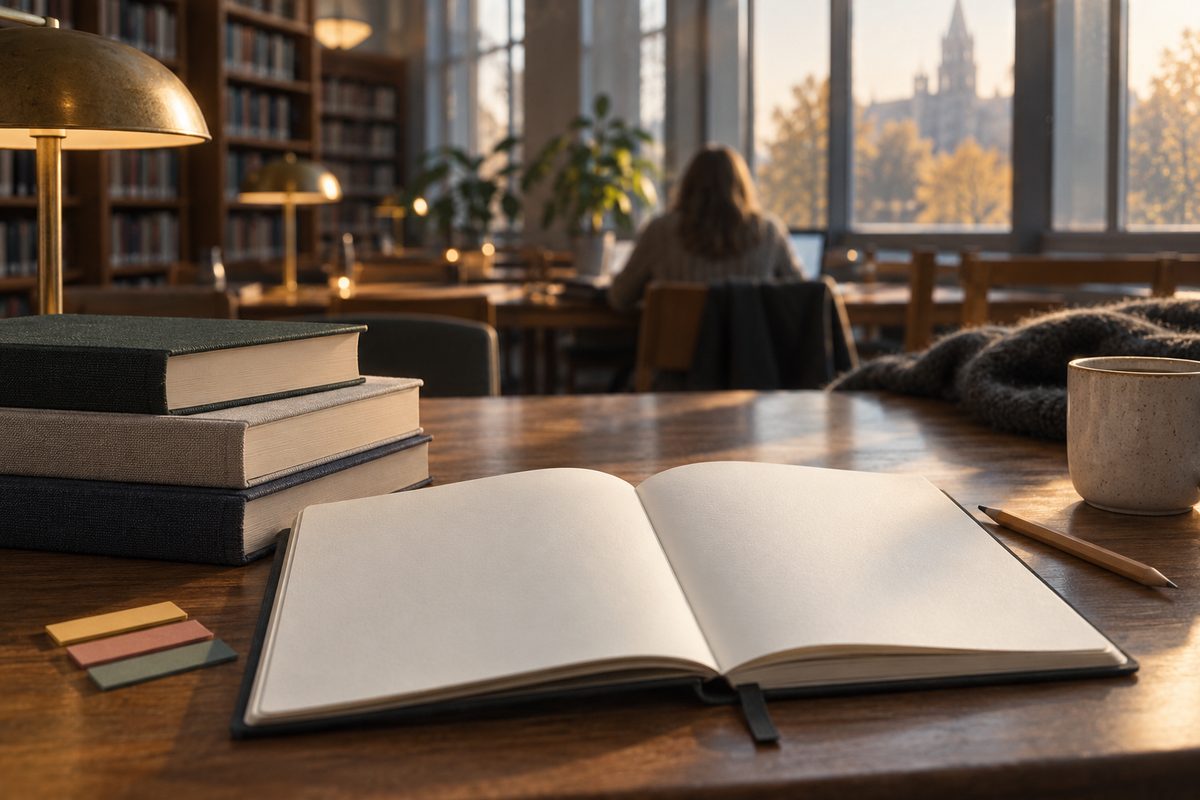 En åpen blank notatbok, blyant og innbundne bøker ligger i forgrunnen av et stille universitetsbibliotek.