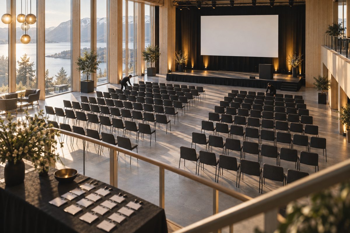 Et nordisk konferanserom med rader av stoler, blank sceneprojeksjon og bord med navnekort klargjøres av ansatte.