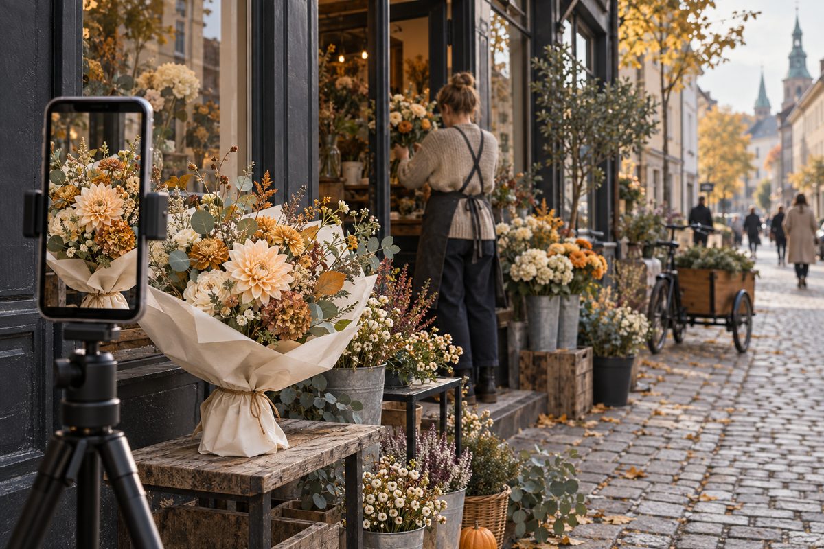 En mobil på stativ viser en blomsterbukett utenfor en blomsterbutikk, mens en person ordner blomster ved inngangen.