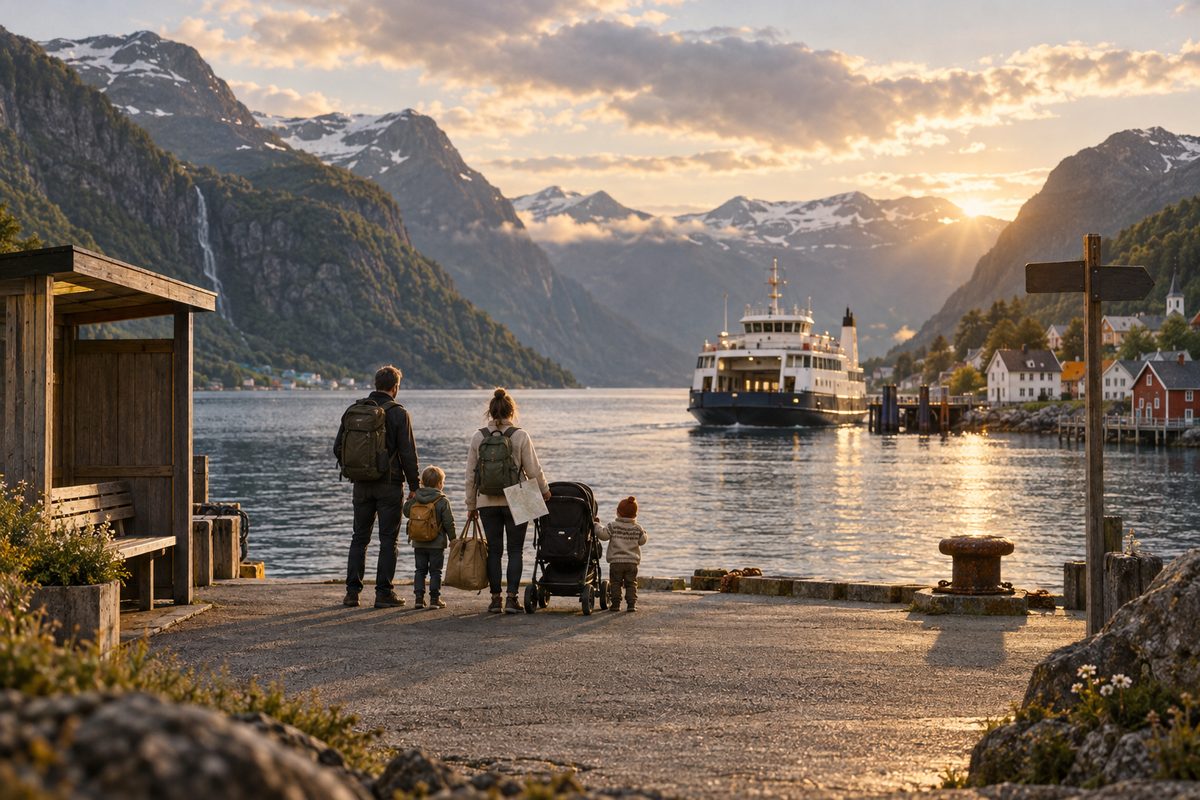 En familie med små barn og barnevogn venter på ferge ved en norsk fjordby i varmt kveldsskjær.