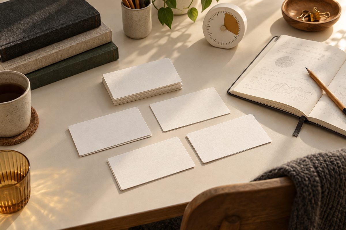 Blank læringskort ligger på et lyst skrivebord ved siden av bøker, notatbok, blyant og en analog klokke.