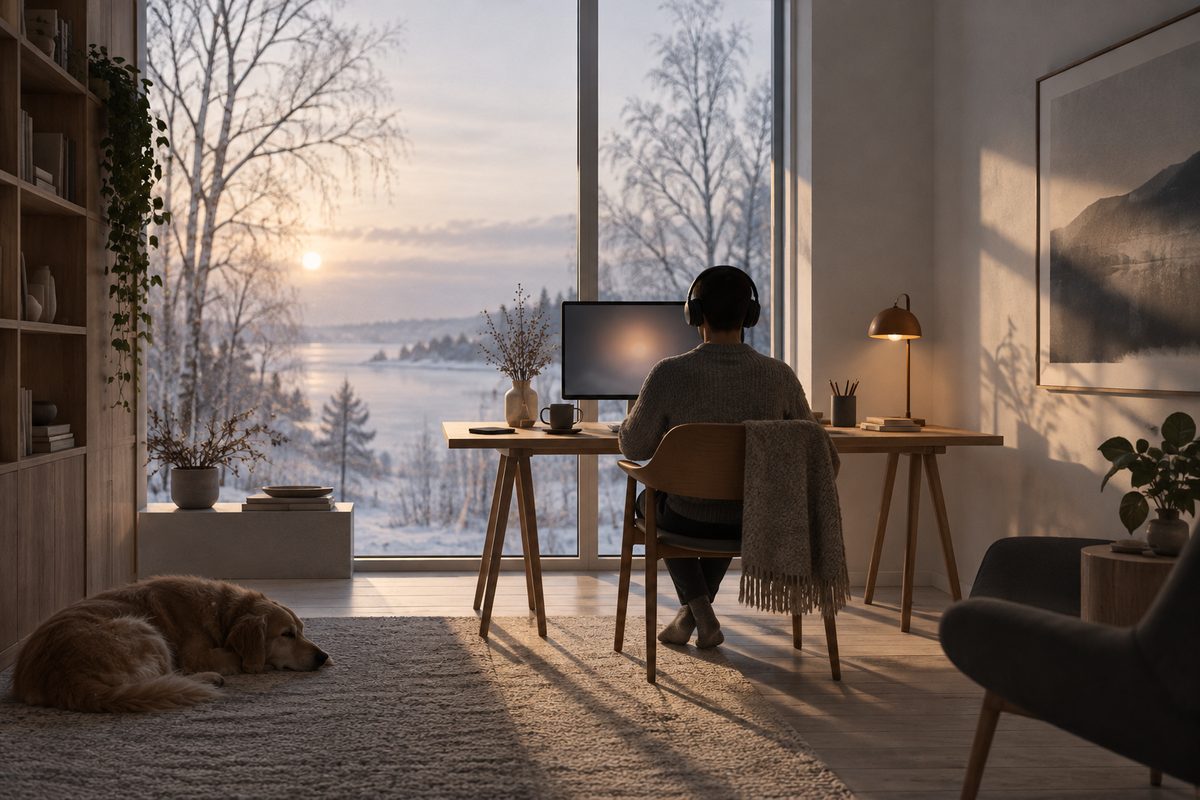 En person med hodetelefoner arbeider ved et skrivebord foran et vintervindu, mens en hund hviler på gulvet.