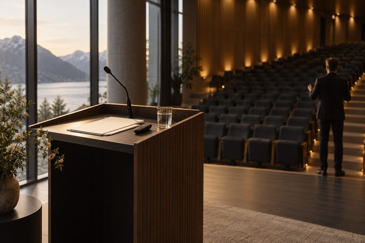 Et stille auditorium med en talerstol, blanke ark og vann før en presentasjon, mens en utydelig silhuett øver mot stolradene.