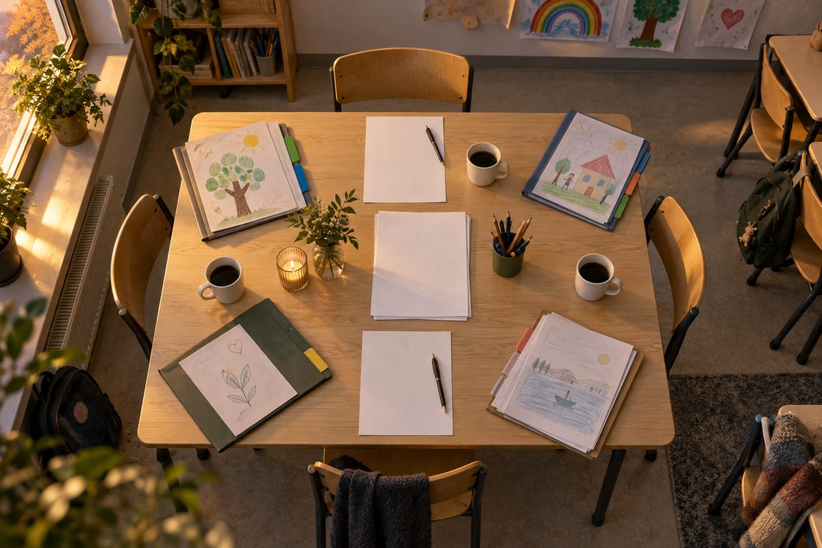 Et klasseromsbord sett ovenfra med blank møteagenda, elevmapper og kaffekopper, omgitt av stoler og dempet barnekunst.