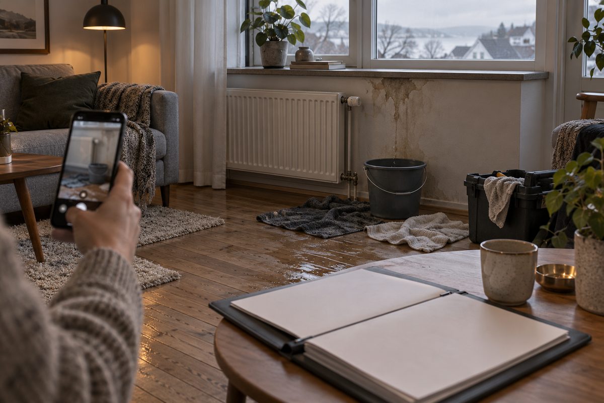 En vannskadet stue med bøtte under lekkasjen, vått tregulv og en hånd som fotograferer skaden ved blanke forsikringspapirer.