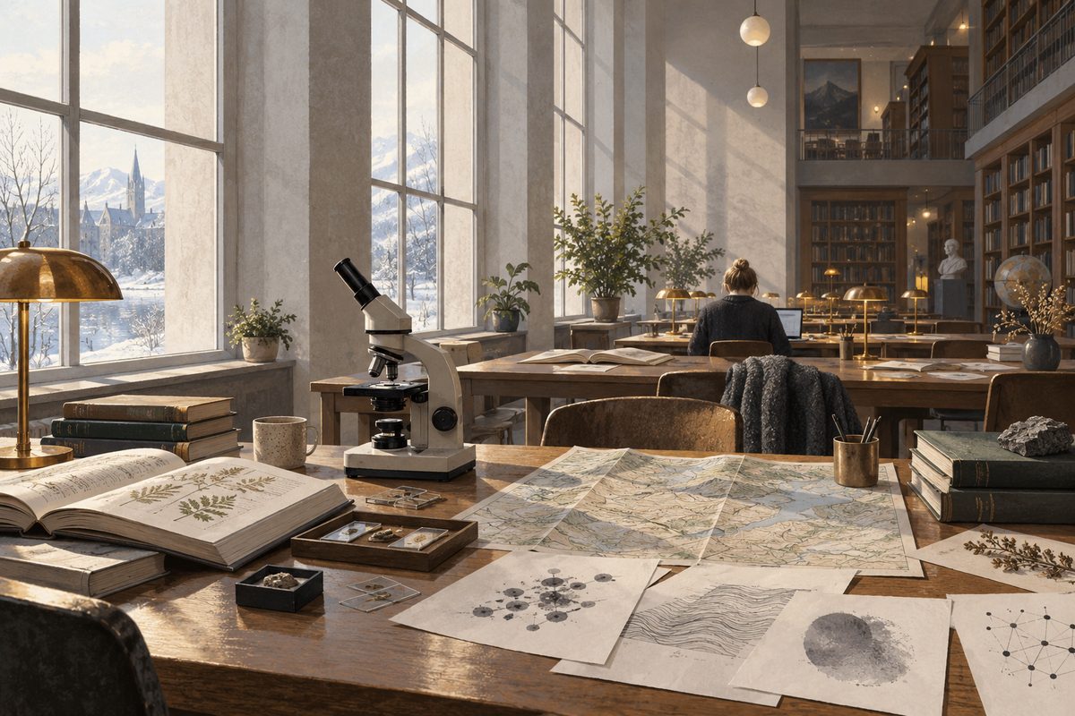 En forsker arbeider med bøker, kart og prøver ved et langt bord i et lyst universitetsbibliotek.