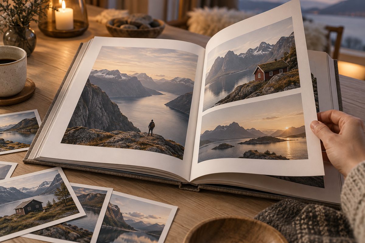 En hånd blar i en åpen fotobok med fjord- og fjellbilder på et trebord med løse fotografier og levende lys.