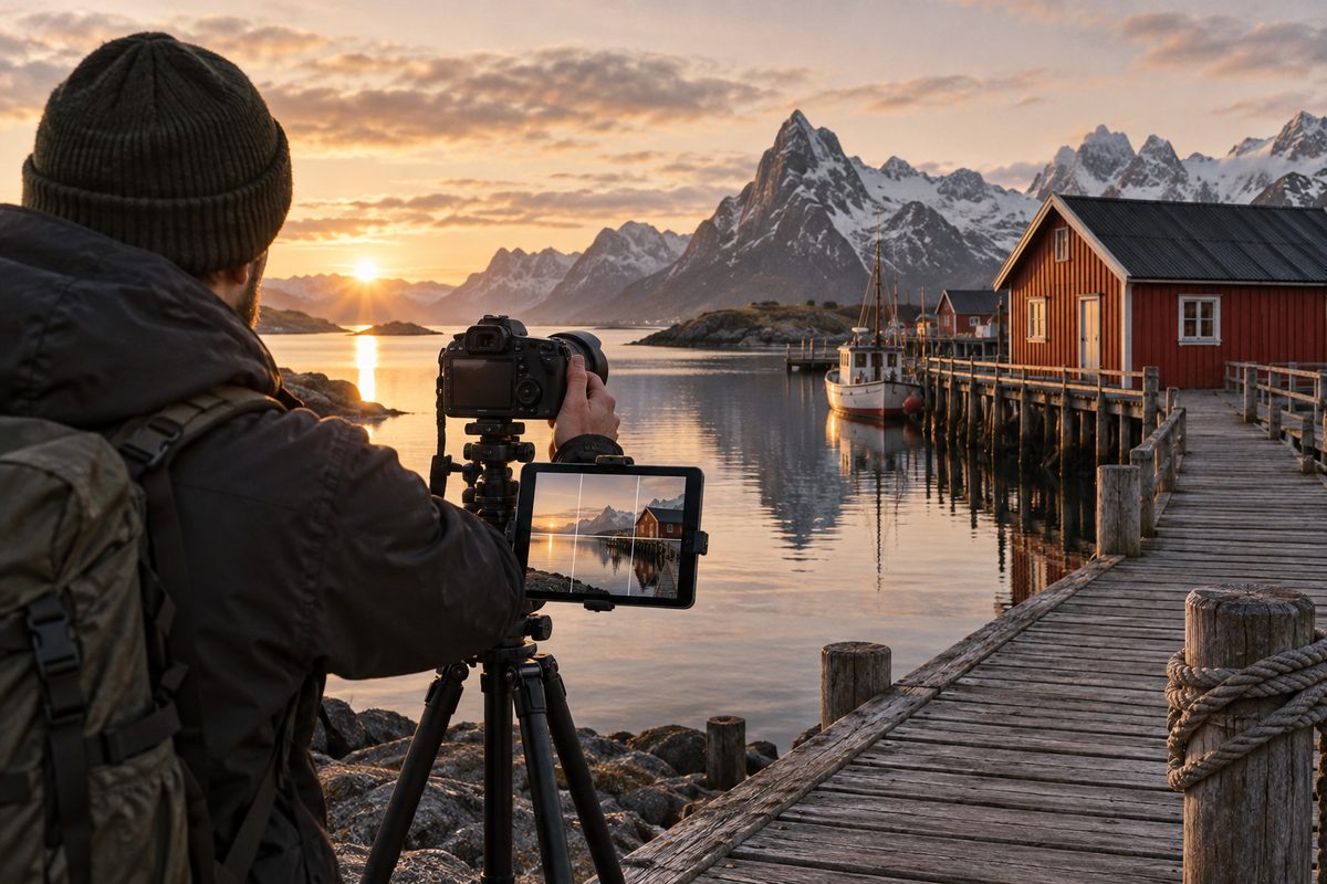 En fotograf sett bakfra stiller inn et kamera ved en brygge, med rorbuer og fjell foran seg og komposisjonslinjer på et nettbrett.