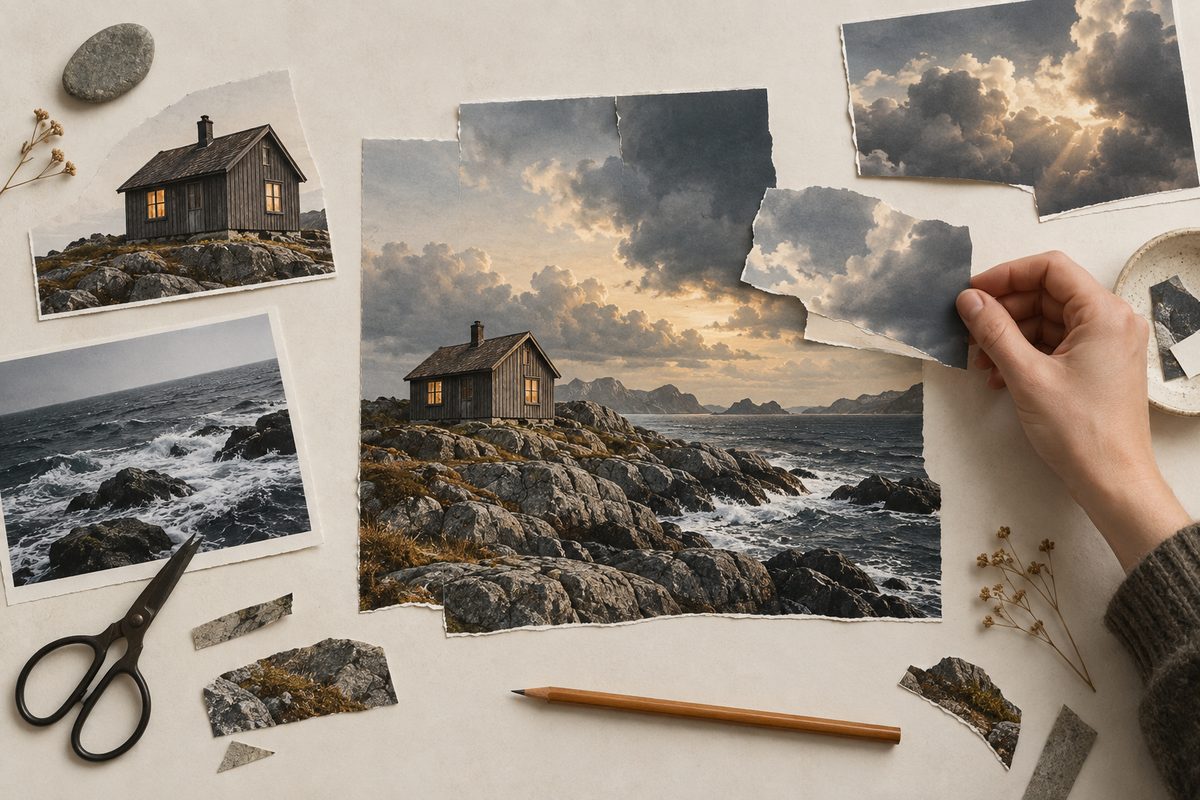 En hånd setter sammen fotografier av en trehytte, svaberg og skyer til en fotomontasje, med saks og blyant ved siden av.
