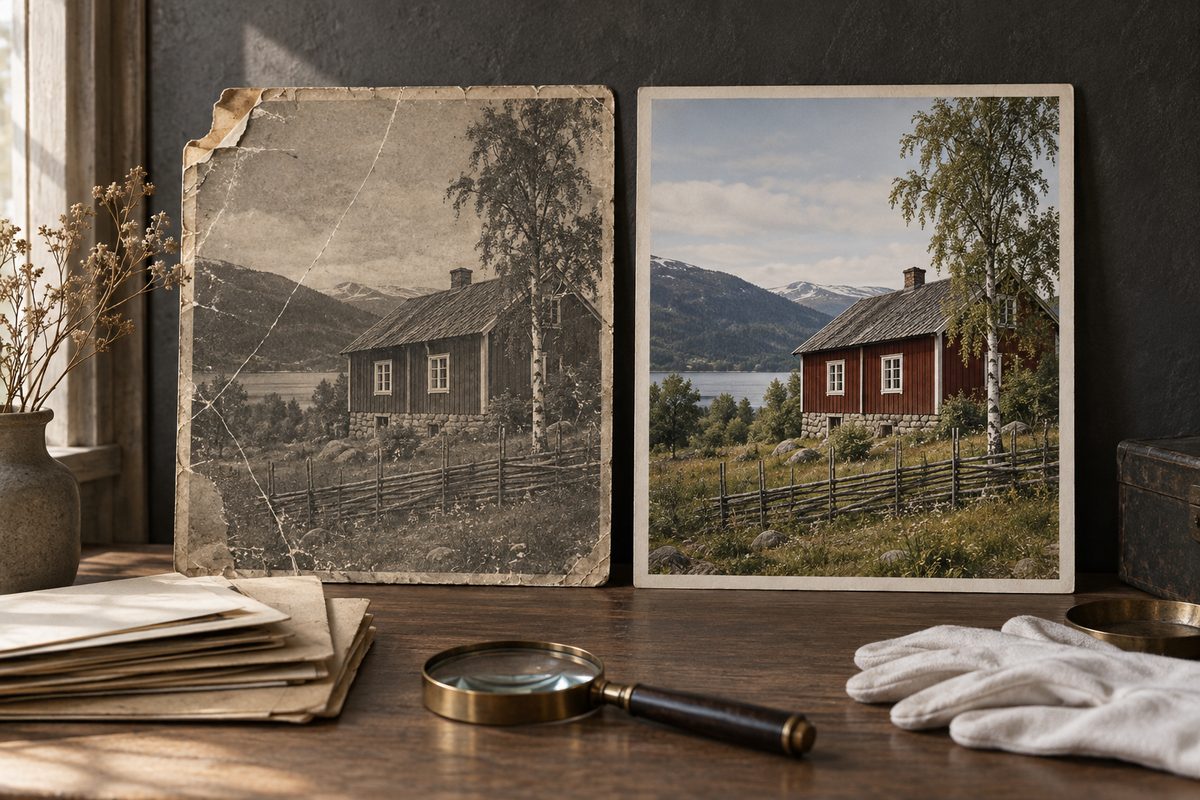 Et ripete svart-hvitt-foto og en restaurert fargeversjon av samme gårdshus står ved siden av hverandre, med lupe og bomullshansker foran.