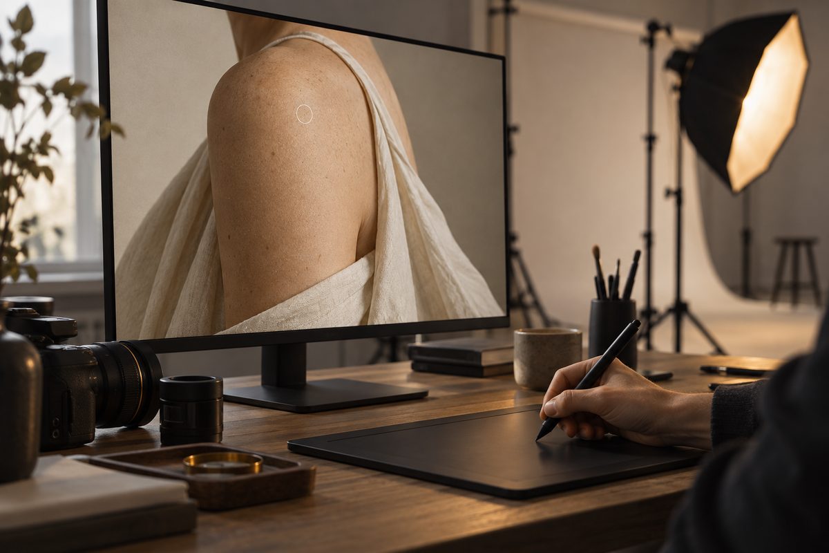En hånd bruker penn på et tegnebrett mens skjermen viser en fregnete skulder med naturlig hudtekstur i et fotostudio.