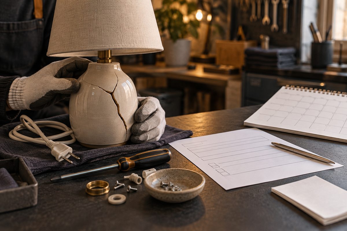 Hender holder en sprukket bordlampe ved blankt skjema, tom kalender, skrutrekker og små reparasjonsdeler på en arbeidsbenk.