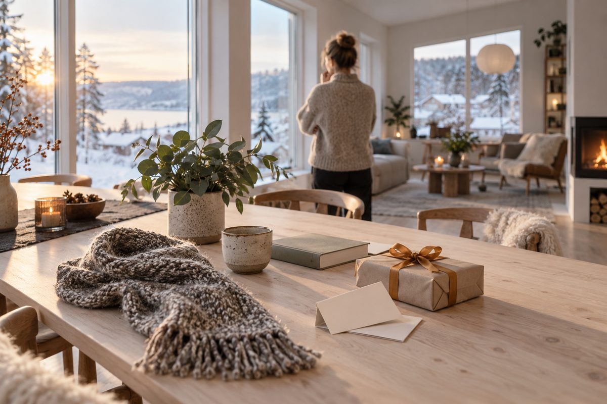 Et skjerf, en keramikkopp, en blank bok og en innpakket gave ligger på et bord i en lys stue med snødekt utsikt.