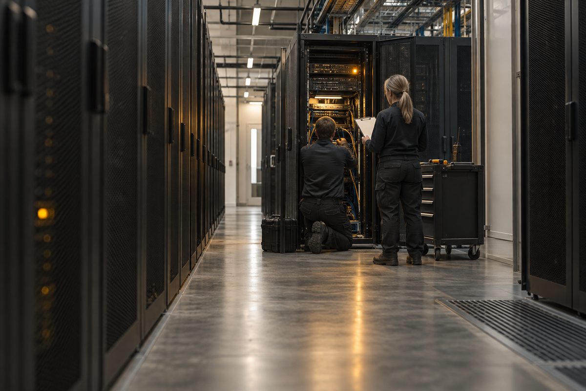 To teknikere samarbeider ved et åpent serverrack i et datarom, med verktøytralle og blankt notatbrett.