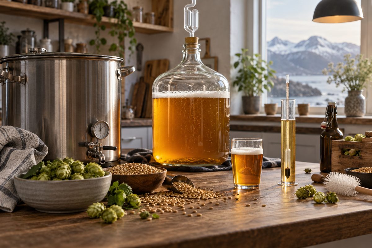 Rustfri bryggekjele, gjæringskar med gyllen øl, malt, humle og måleutstyr står på en kjøkkenbenk med fjordutsikt.