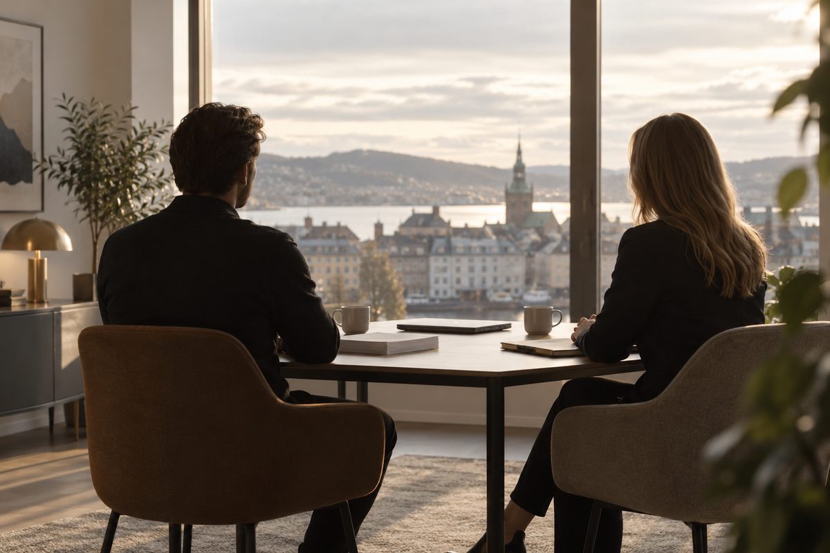 To personer møtes ved et bord med papirer og kaffekopper, mens morgensol faller over bytakene utenfor kontorvinduet.