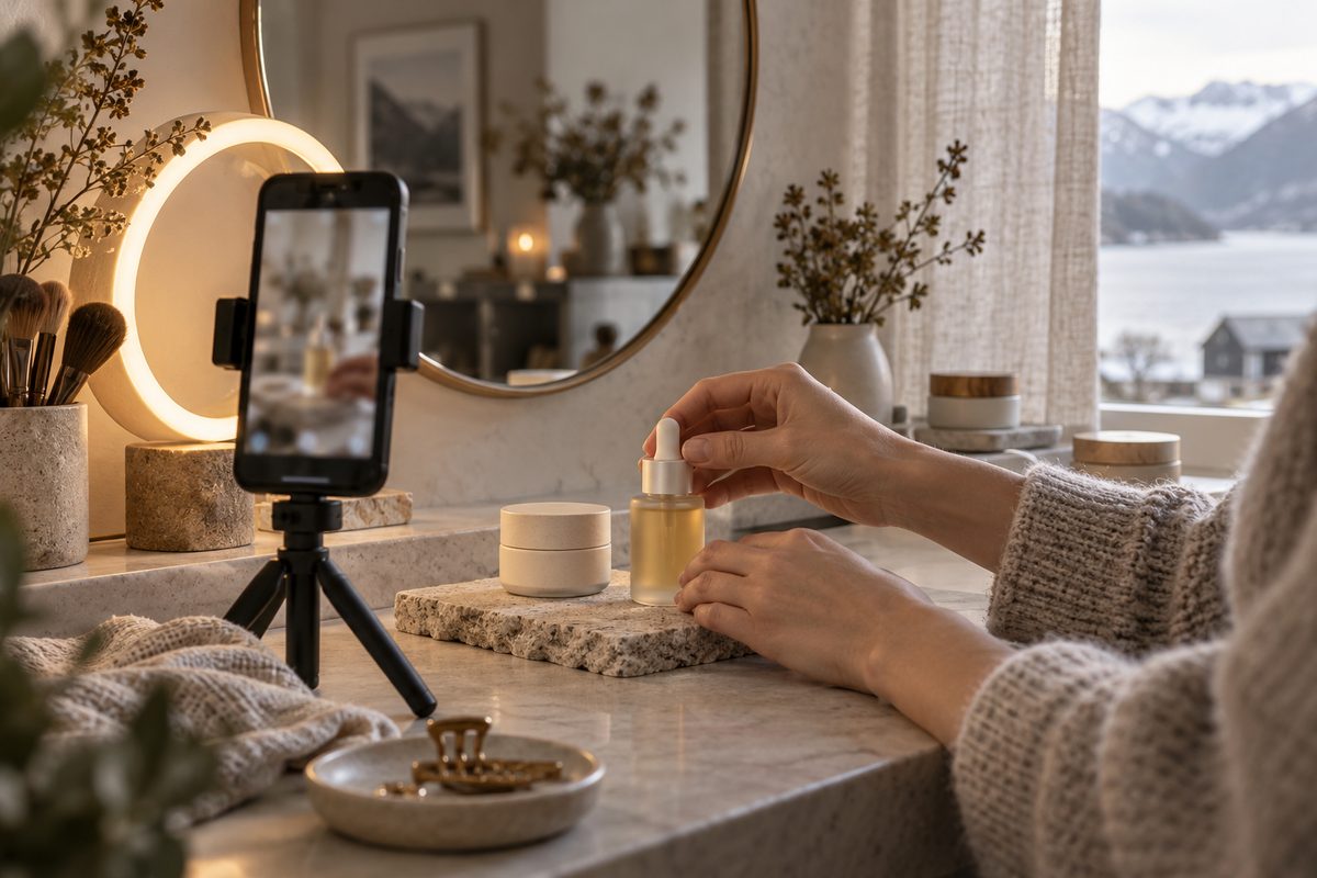 En innholdsskaper plasserer en umerket hudpleieflaske foran mobilen på stativ i et lyst hjemmestudio.