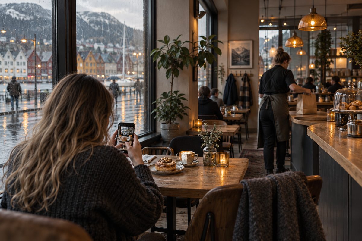 En innholdsskaper fotograferer kaffe og bakverk ved kafévinduet, mens regnvåte bygater og varme pendellamper fyller rommet.