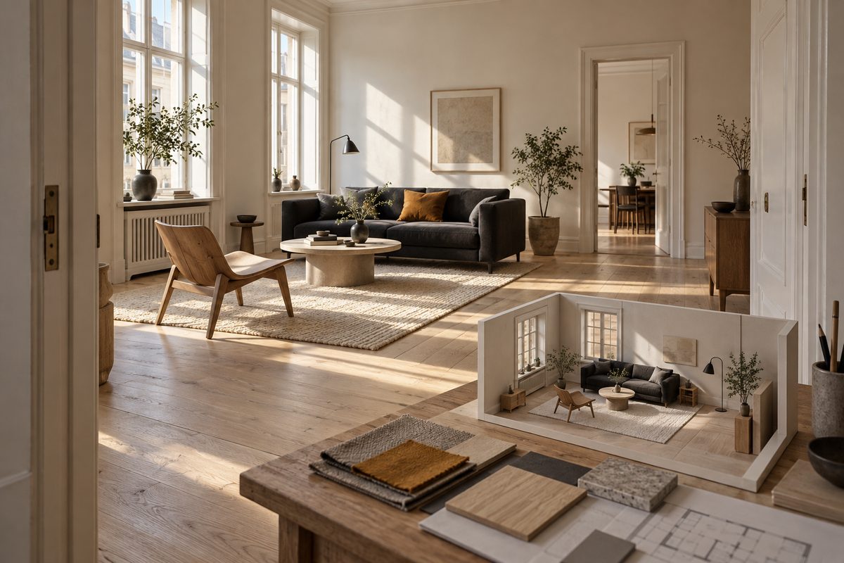 En lys stue med mørk sofa og tremøbler, med en miniatyrmodell av rommet og materialprøver på bordet i forgrunnen.