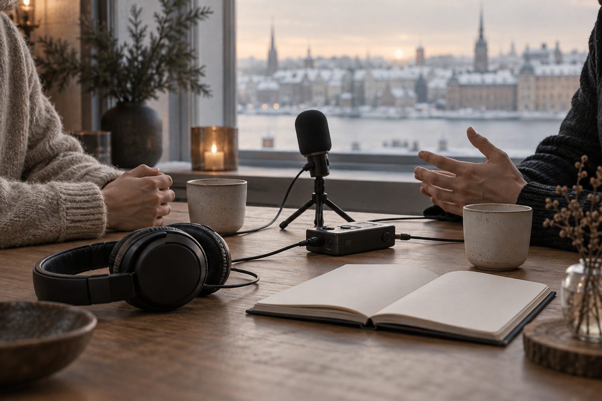 Et lydopptak pågår ved et bord med mikrofon, hodetelefoner og tom notatbok, mens to personer gestikulerer foran et vinterlig byvindu.