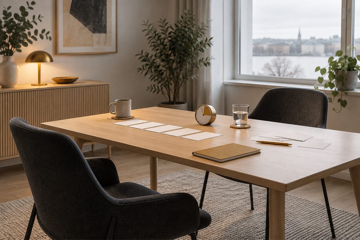 To tomme stoler vender mot et lyst trebord med blanke intervjukort, en klokke og løse notater i et nordisk møterom.