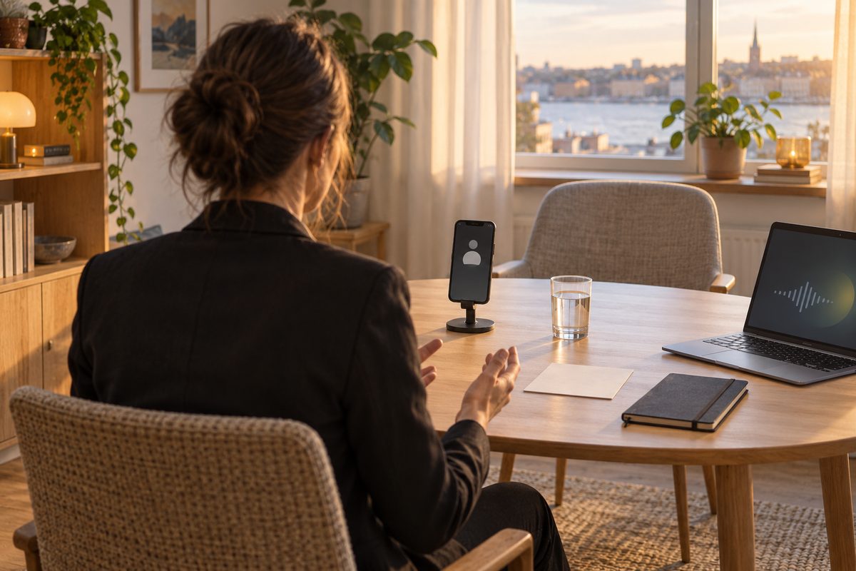 En kandidat øver på intervjusvar mot en telefon på stativ, med en tom stol på andre siden av bordet.