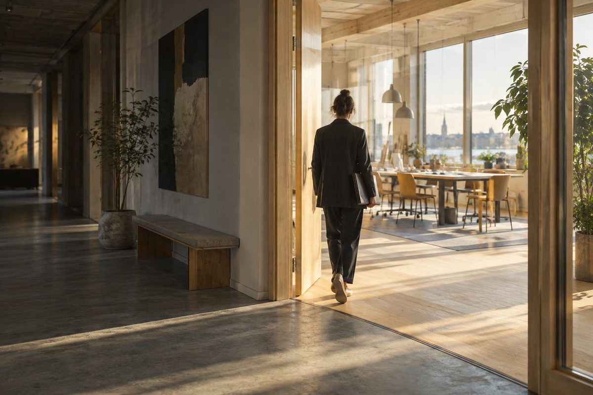 En person sett bakfra går fra en mørk korridor inn i et solfylt, moderne arbeidsrom med vinduer og langbord.