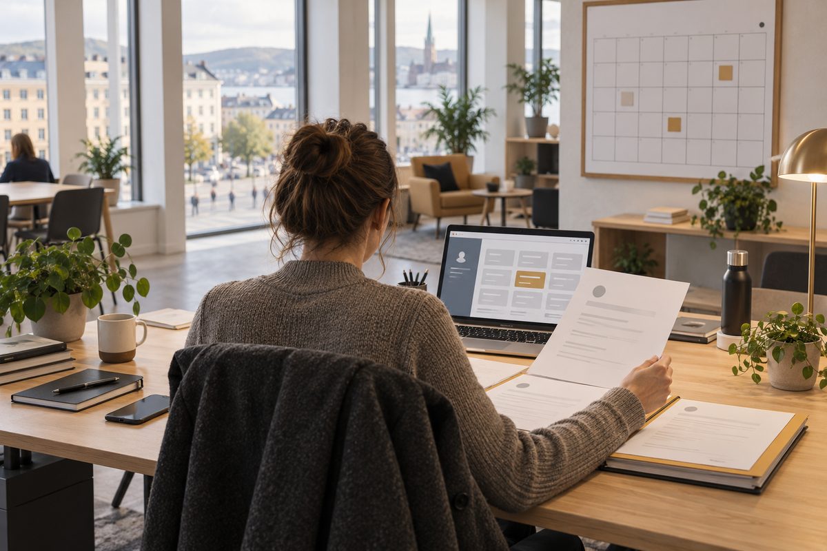 En jobbsøker gjennomgår søknadspapirer ved en bærbar PC i et lyst kontor med utsikt mot en nordisk by.