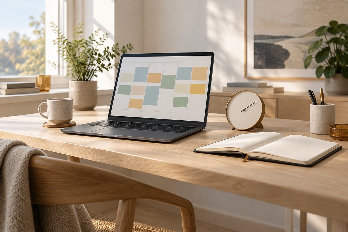 En laptop viser fargede, tekstfrie kalenderblokker ved siden av en blank analog klokke og åpen planlegger på lyst skrivebord.