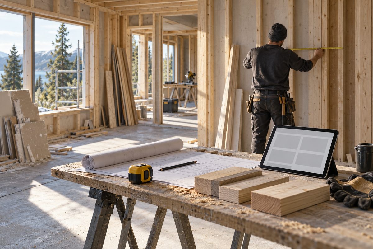 En håndverker måler en trevegg på byggeplass, mens tegninger, materialprøver og et nettbrett ligger på arbeidsbordet.
