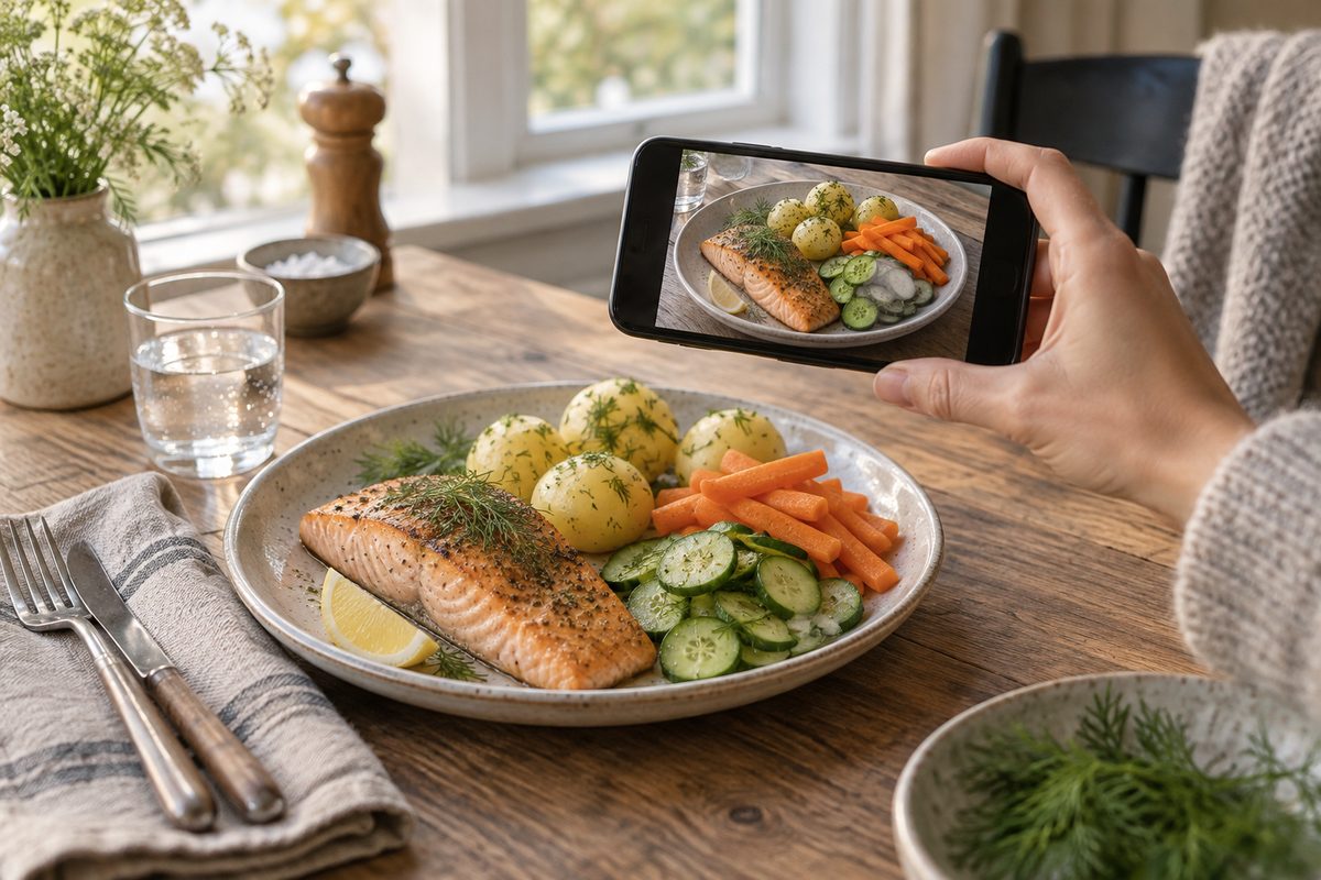 En tallerken med laks, poteter, gulrøtter og agurk fotograferes med mobil ved et lyst kjøkkenbord.