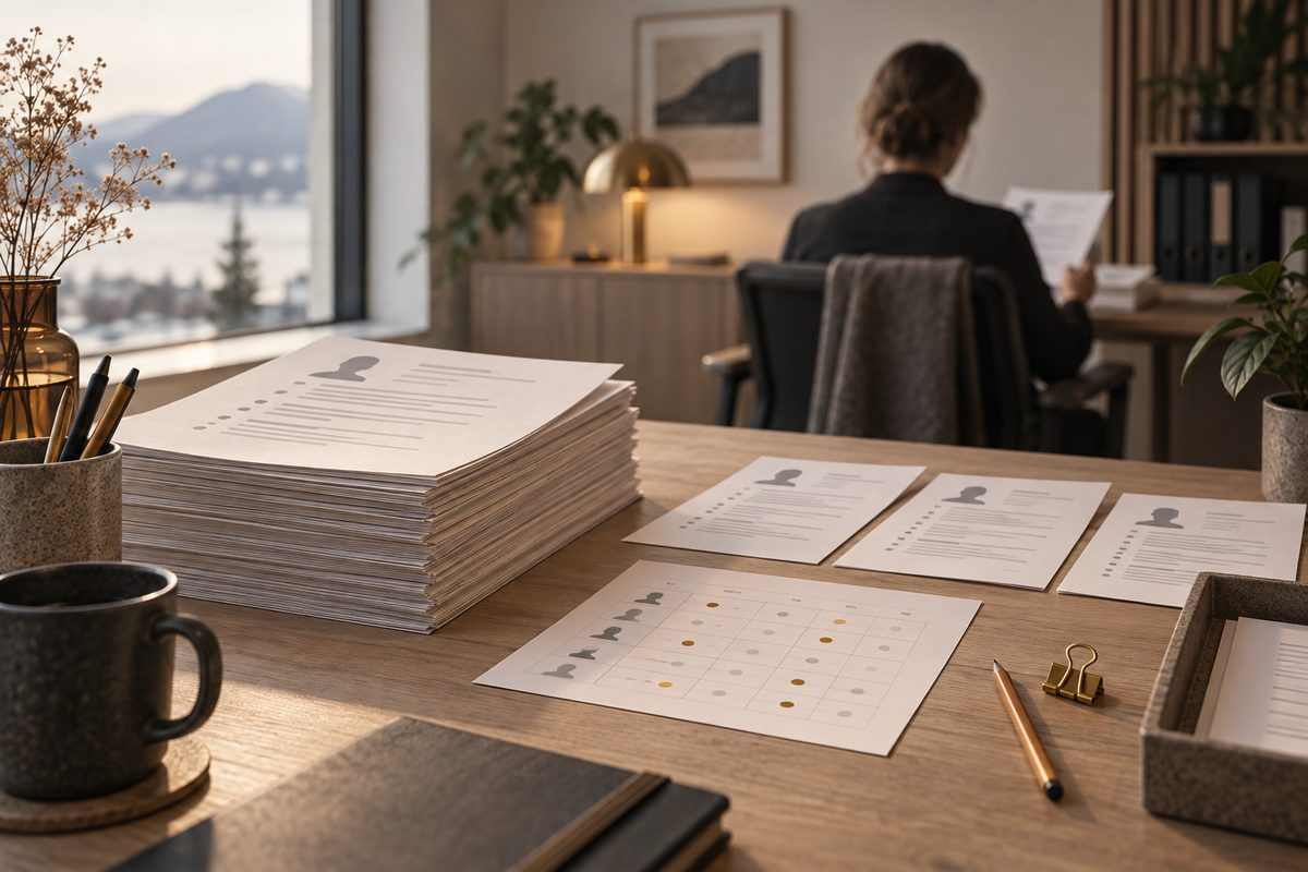 En stor bunke CV-er ligger ved siden av en poengmatrise på skrivebordet, mens en rekrutterer vurderer en kortliste.