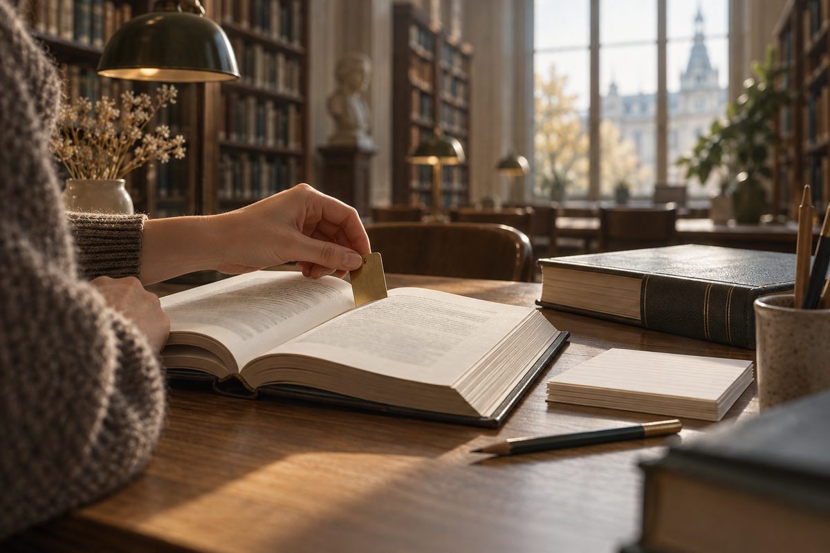 En hånd setter et metallisk bokmerke i en åpen fagbok ved siden av en bunke blanke kort i et stille universitetsbibliotek.