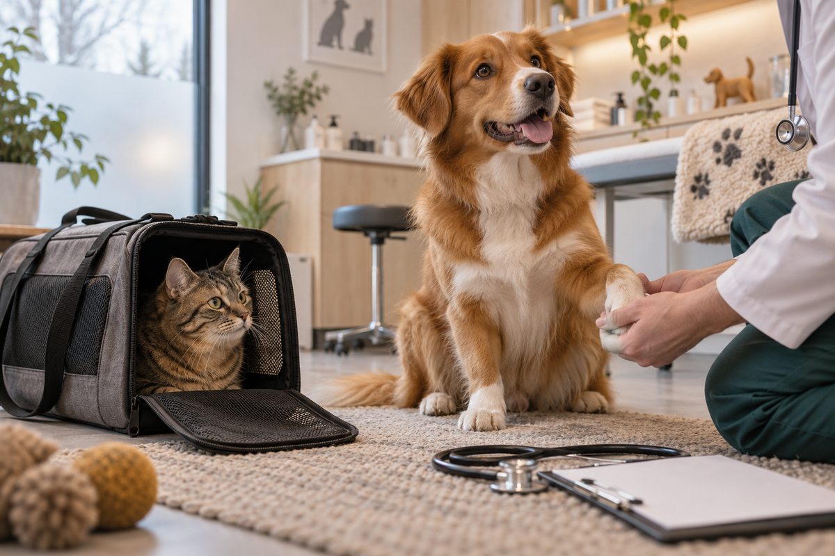 En hund får poten undersøkt på veterinærklinikk, mens en katt følger med fra en åpen transportveske.