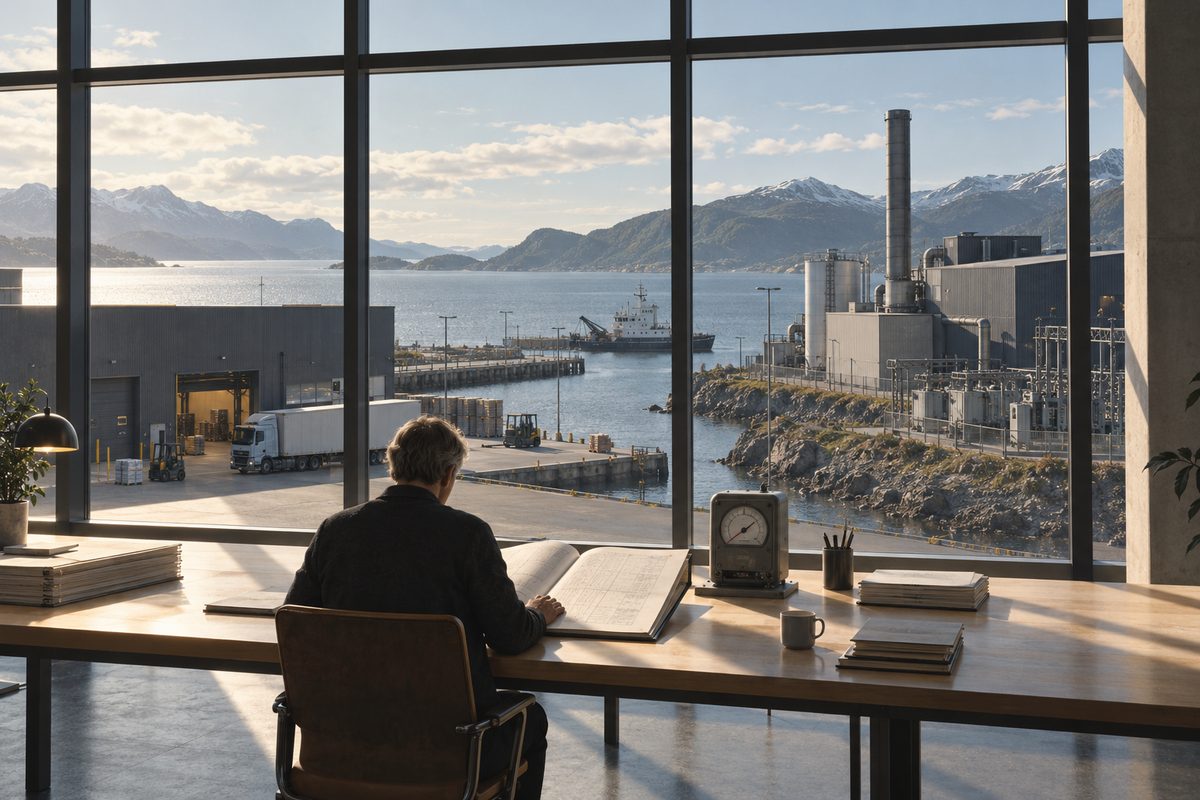 En person bakfra fører klimaregnskap ved et bord med måler og papirer, med fabrikk, lastebil og fjord utenfor vinduet.