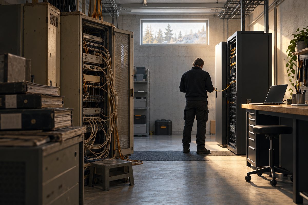 En tekniker bakfra kobler en kabel mellom en eldre serverrekke og et moderne rack i et lyst teknisk rom.