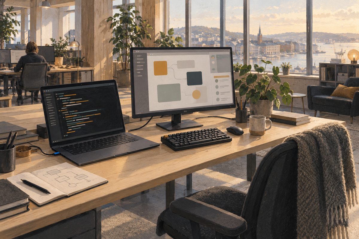 En utviklerplass med bærbar PC, stor skjerm med abstrakte kodefelt og appblokker, ved vinduer mot en norsk byfjord.