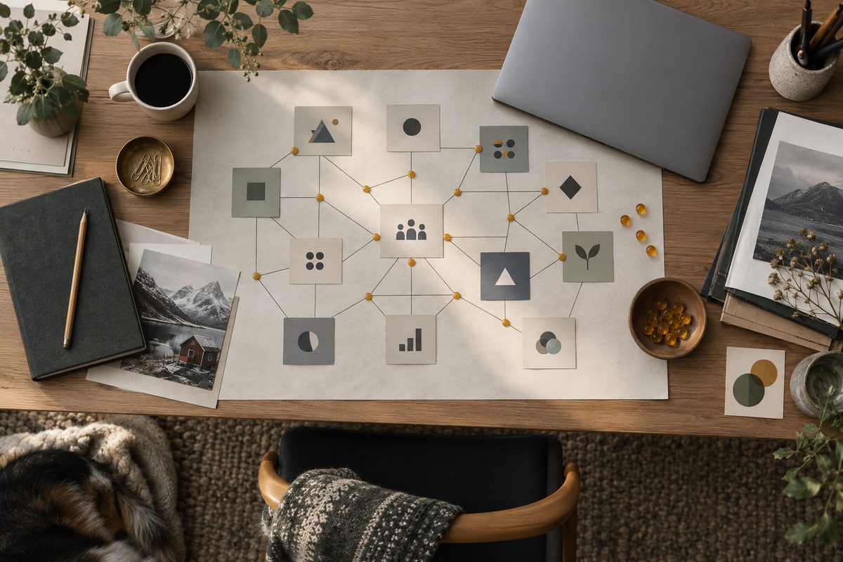 Et nettverk av kort med symboler og ravgule markører ligger på et skrivebord ved siden av laptop, notatbok og kaffe.